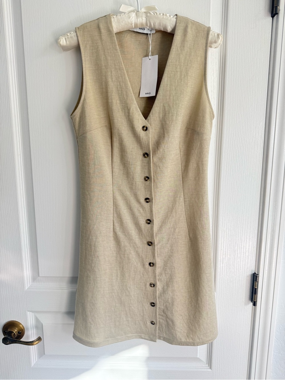 NWT Mango Mini Dress Button Up V-neck Sleeveless Tan /Oat Size S - Picture 5 of 11